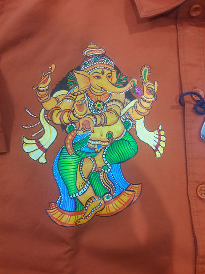 Standing Ganapathi hand mural painting on brown cotton shirt