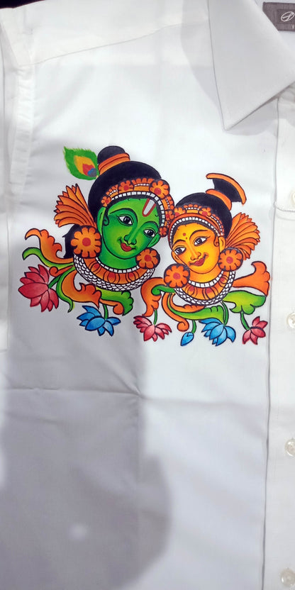 Green Krishna Radha hand mural painting on white shirt