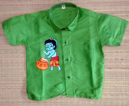 Cute Krishna design hand mural painting kids green shirt and mundu