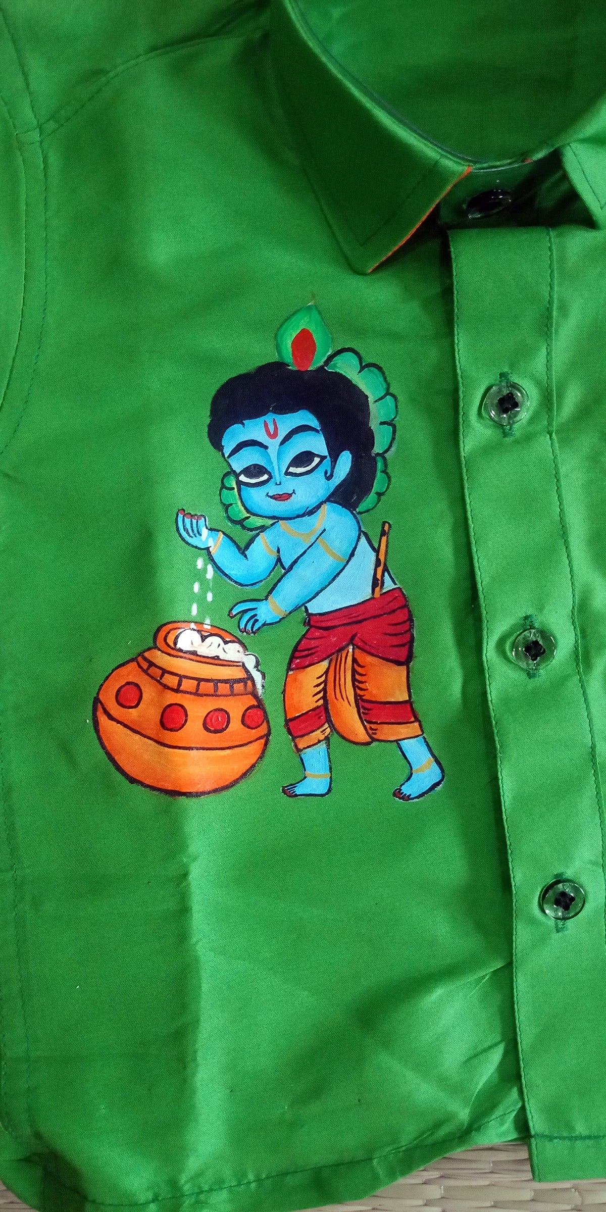 Cute Krishna design hand mural painting kids green shirt and mundu