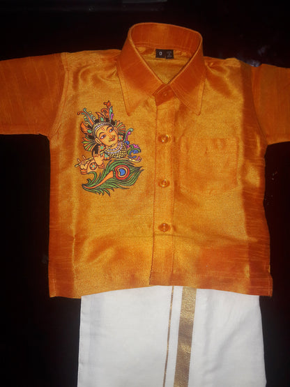 Krishna with peeli hand mural painting on gold kids shirt with mundu