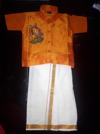 Krishna with peeli hand mural painting on gold kids shirt with mundu