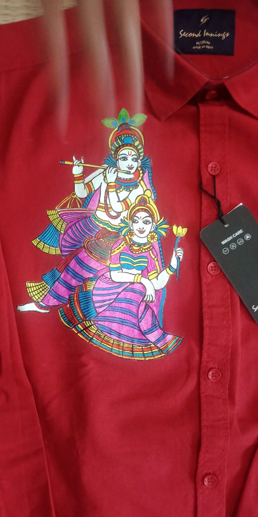 Cute krishna radha hand mural painting on red cotton shirt