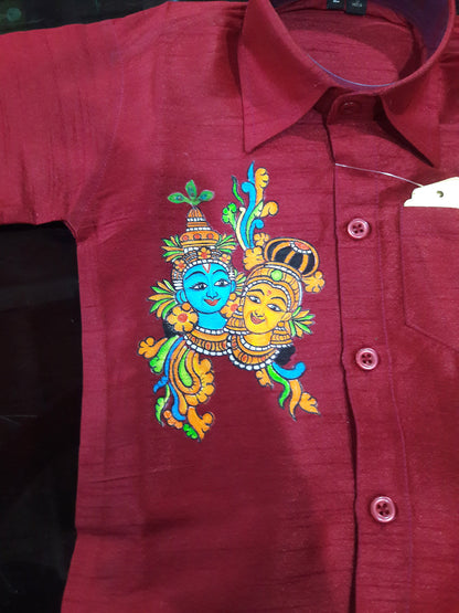 Krishna Radha hand mural painting on maroon kids shirt with mundu