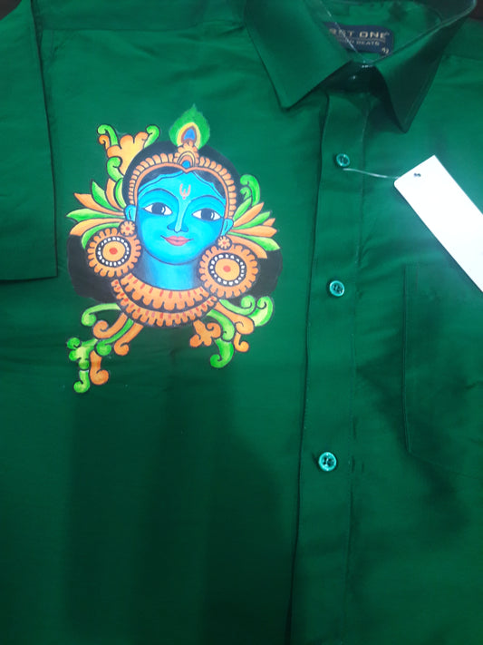 Krishna face hand mural painting on green silk shirt