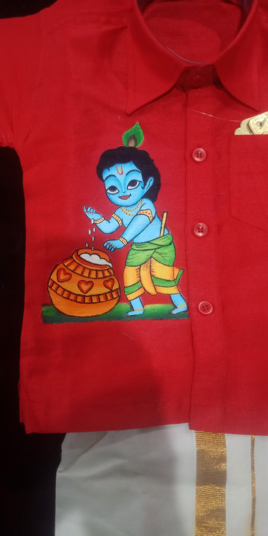Krishna with pot hand mural painting on kids red shirt and mundu