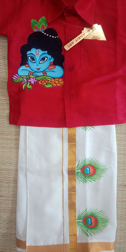 Krishna design hand mural painting on red kid shirt and peeli mundu