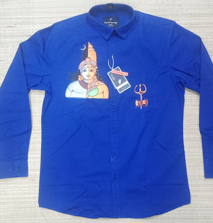 Shiva Parvathi Ardhanarishvara design hand mural painting on blue shirts