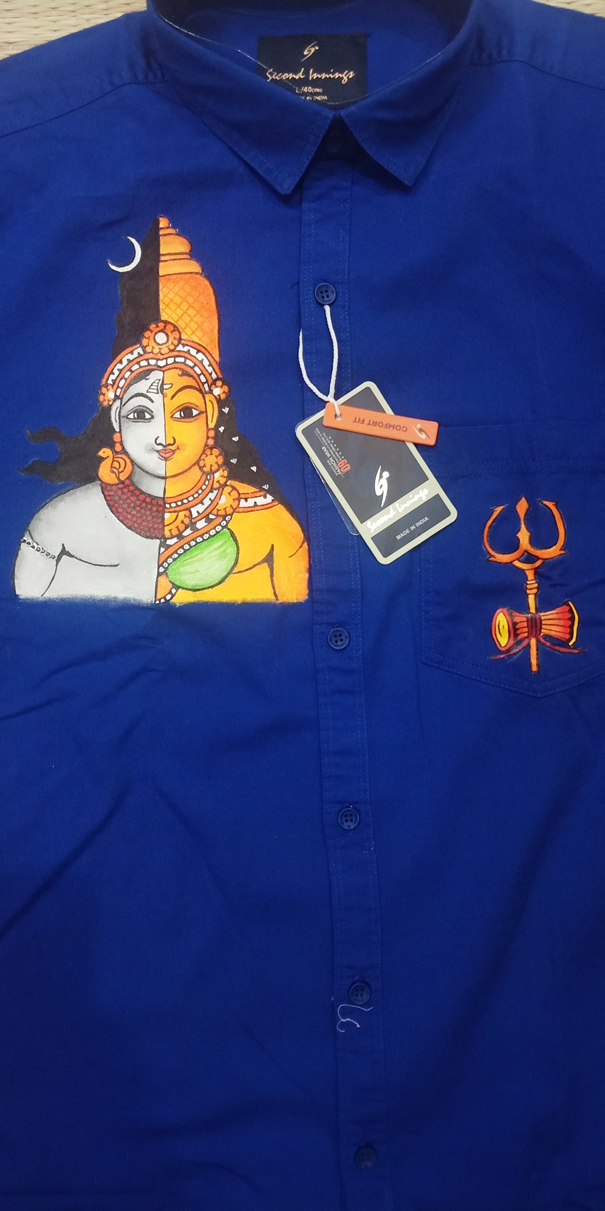 Shiva Parvathi Ardhanarishvara design hand mural painting on blue shirts